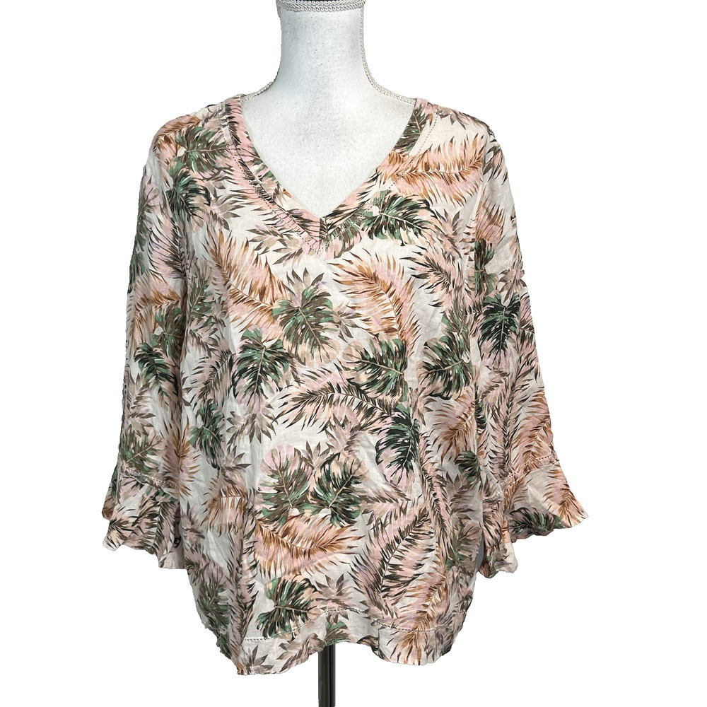 J. Jill Love Linen Blouse Tunic size Medium Pink Green Linen Tropical Beach Slim